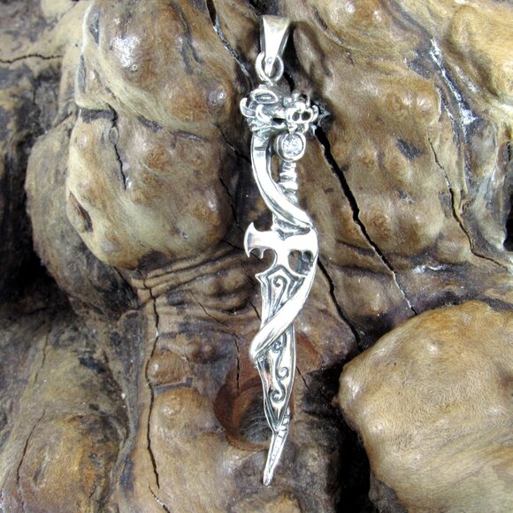 Solid 925 Sterling Silver Baphomet & Snake Intertwined Satan Sword Pendant w/CZ - Picture 1 of 7